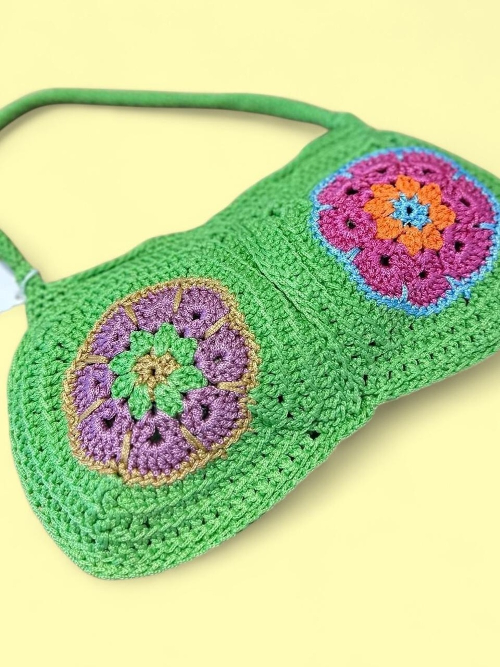 Handmade Green Crochet Floral Shoulder Bag